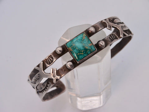 Fred Harvey Navajo Silver Cuff with Square-cut Center Turquoise, Arrow & Dog Motifs J565