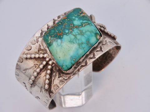 Navajo Silver Cuff w Unique Stampings & Oblong Center Turquoise J566
