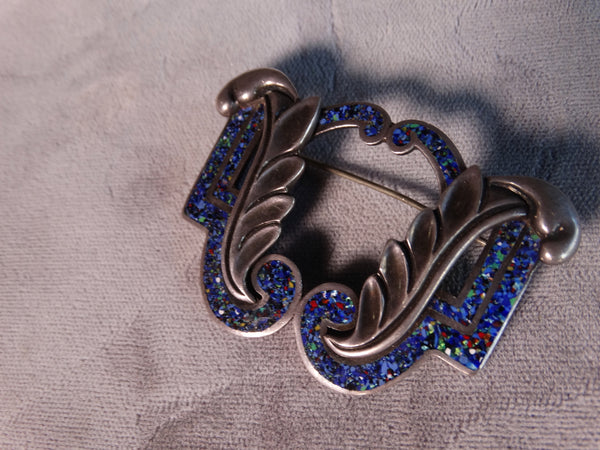 Margot de Taxco Lapis & Silver Confetti Brooch 1940s J609