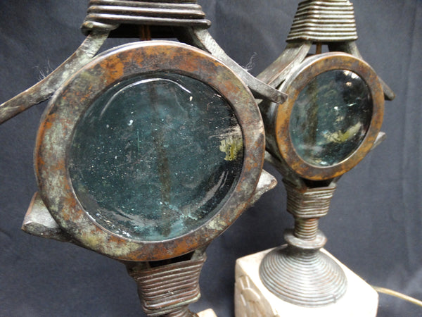 Maitland-Smith Blown-glass, Bronze and Tesselated Stone Pair of Modernist Table Lamps