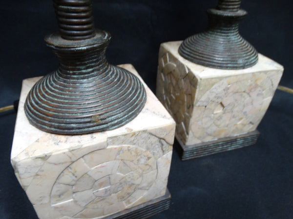 Maitland-Smith Blown-glass, Bronze and Tesselated Stone Pair of Modernist Table Lamps