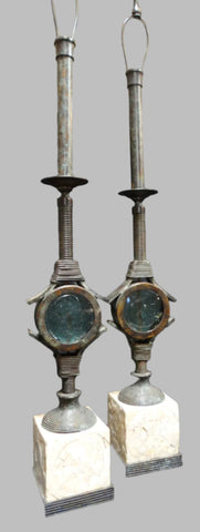 Maitland-Smith Blown-glass, Bronze and Tesselated Stone Pair of Modernist Table Lamps