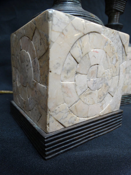 Maitland-Smith Blown-glass, Bronze and Tesselated Stone Pair of Modernist Table Lamps