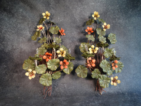 Pair of Polychrome Metal Floral Sconces 1950s-60s L748