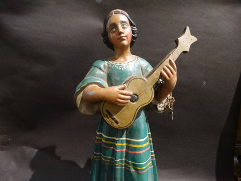 Mexican Hand-carved and Painted Wooden Figure Woman with Guitar c 1930s