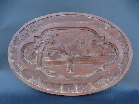 Mexican Hand-carved Oval Wooden Scenic Plaque