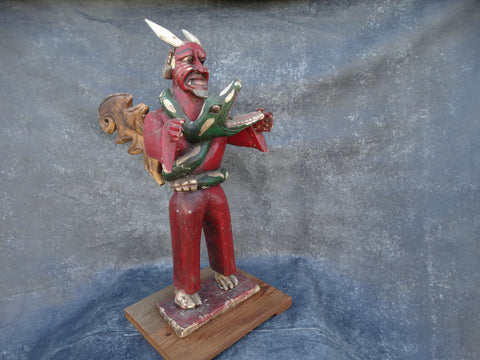 Winged Mexican Devil Wrapped in the Close Embrace of a Serpent Handcarved