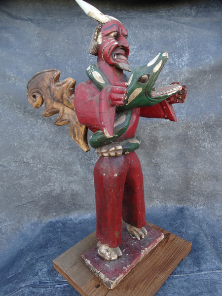Winged Mexican Devil Wrapped in the Close Embrace of a Serpent Handcarved