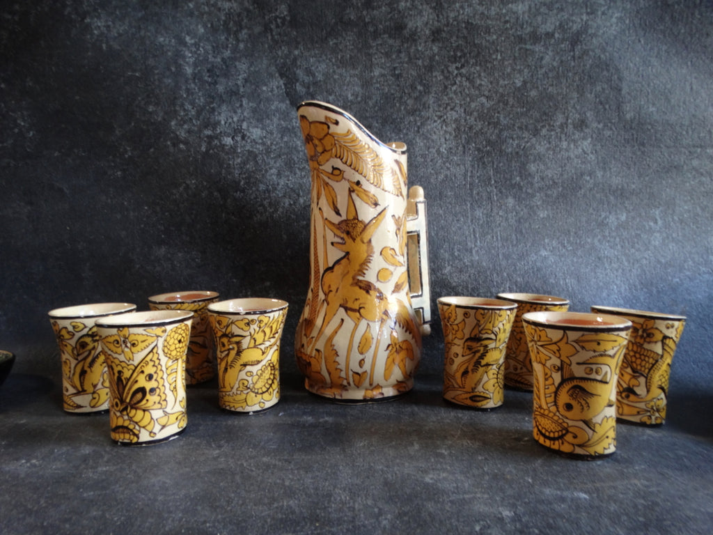 Mexican Fantasia set of 1 Pitcher & 8 Tumblers in Yellow & Cream M2714