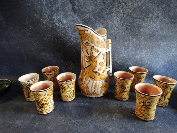 Mexican Fantasia set of 1 Pitcher & 8 Tumblers in Yellow & Cream M2714