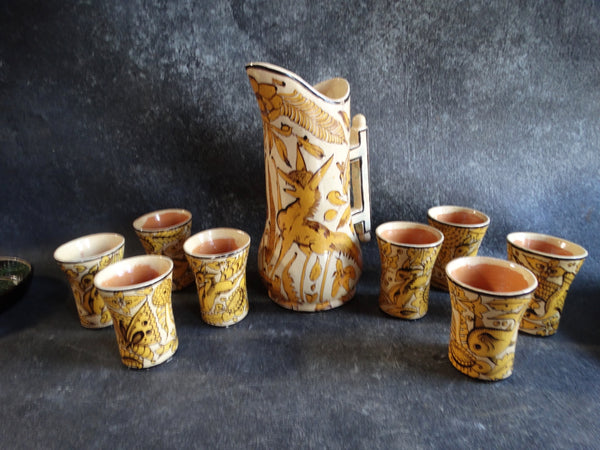 Mexican Fantasia set of 1 Pitcher & 8 Tumblers in Yellow & Cream M2714