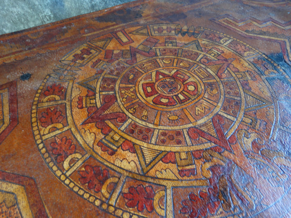 Mexican 1930s Leather Covered Furniture Aztec Design Entry Table M2760