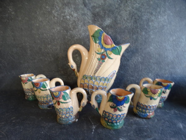 Mexican Tlaquepaque Swan Pitcher and 6 Drinking Jugs Beverage Set circa 1930s M2765