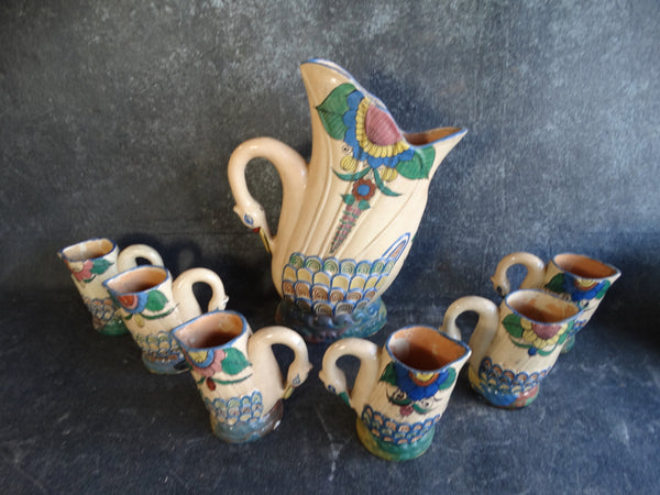 Mexican Tlaquepaque Swan Pitcher and 6 Drinking Jugs Beverage Set circa 1930s M2765