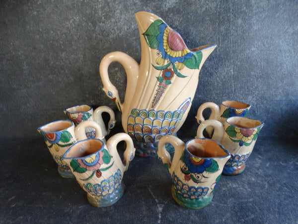 Mexican Tlaquepaque Swan Pitcher and 6 Drinking Jugs Beverage Set circa 1930s M2765