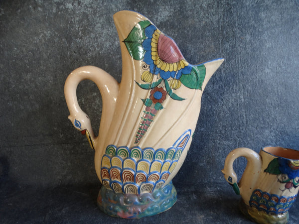 Mexican Tlaquepaque Swan Pitcher and 6 Drinking Jugs Beverage Set circa 1930s M2765
