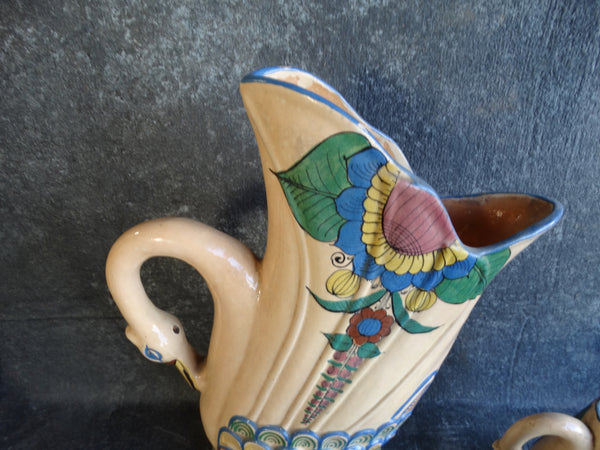 Mexican Tlaquepaque Swan Pitcher and 6 Drinking Jugs Beverage Set circa 1930s M2765