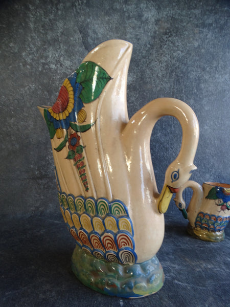 Mexican Tlaquepaque Swan Pitcher and 6 Drinking Jugs Beverage Set circa 1930s M2765