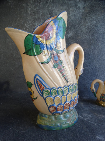 Mexican Tlaquepaque Swan Pitcher and 6 Drinking Jugs Beverage Set circa 1930s M2765