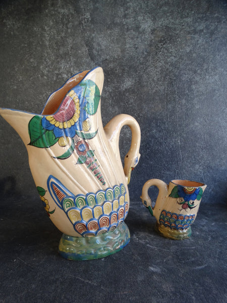 Mexican Tlaquepaque Swan Pitcher and 6 Drinking Jugs Beverage Set circa 1930s M2765