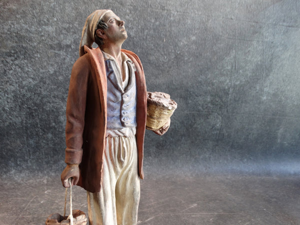 Tlaquepaque Clay Figure c 1940:  Fisherman at the Nativity M2792