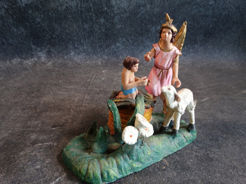 Tlaquepaque Clay Figure c 1940:  Angel with Lamb and Kneeling Child M2796
