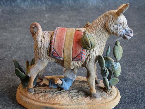 Tlaquepaque Clay Figure c 1930s:  Boy Trying to Saddle a Very Naughty Donkey M2804