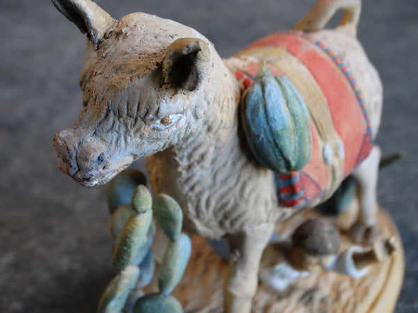 Tlaquepaque Clay Figure c 1930s:  Boy Trying to Saddle a Very Naughty Donkey M2804