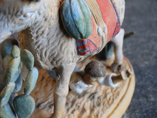 Tlaquepaque Clay Figure c 1930s:  Boy Trying to Saddle a Very Naughty Donkey M2804