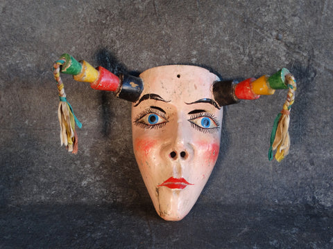 Mexican Festival Female Mask with Horn-Like Pig Tails c 1940s M2920