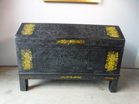 Mexican Baul - Hand-carved Hand-painted Lacquer Footed Chest - M2939