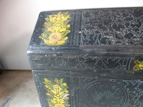Mexican Baul - Hand-carved Hand-painted Lacquer Footed Chest - M2939