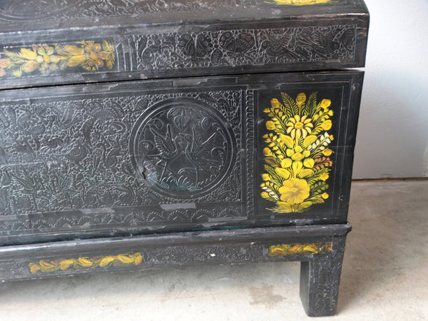 Mexican Baul - Hand-carved Hand-painted Lacquer Footed Chest - M2939