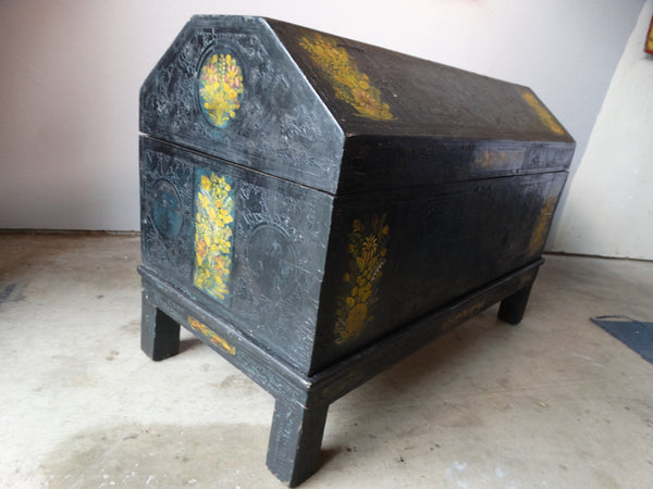 Mexican Baul - Hand-carved Hand-painted Lacquer Footed Chest - M2939