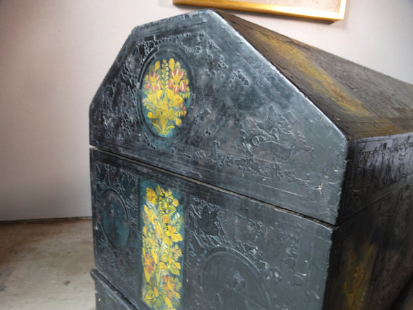 Mexican Baul - Hand-carved Hand-painted Lacquer Footed Chest - M2939