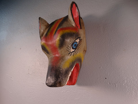 Mexican Folk Art Mask -Red & Yellow Coyote with Blue Eyes 1960s M2947