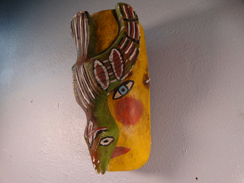 Mexican Folk Art Mask - Multicolored Bird on a Yellow Human Face 1960s M2948