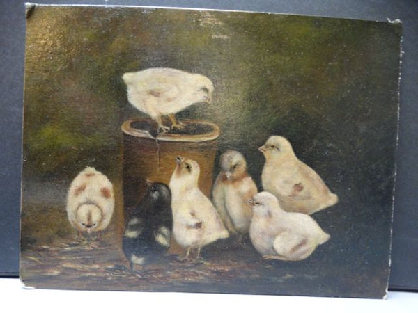 19th Century Baby Chicks in Barnyard Oil on Board P1250