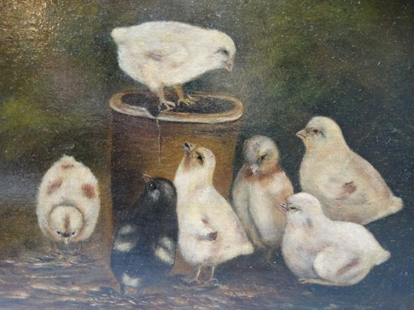 19th Century Baby Chicks in Barnyard Oil on Board P1250