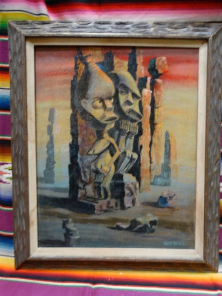 Mid Century Modern Ethnographic Tiki Gods Oil on Canvas by Auvi Bunz