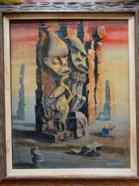 Mid Century Modern Ethnographic Tiki Gods Oil on Canvas by Auvi Bunz
