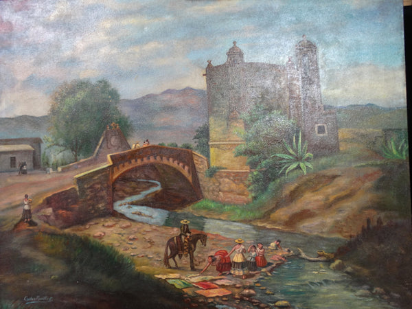Carlos Murillo - Women & Children at the Stream by the Bridge next to the Church c 1900 P2439
