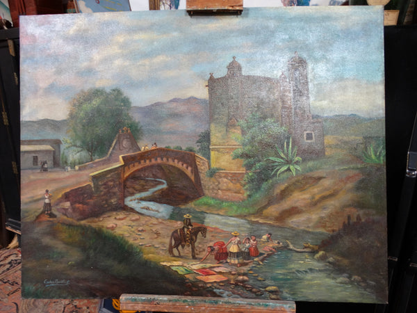 Carlos Murillo - Women & Children at the Stream by the Bridge next to the Church c 1900 P2439