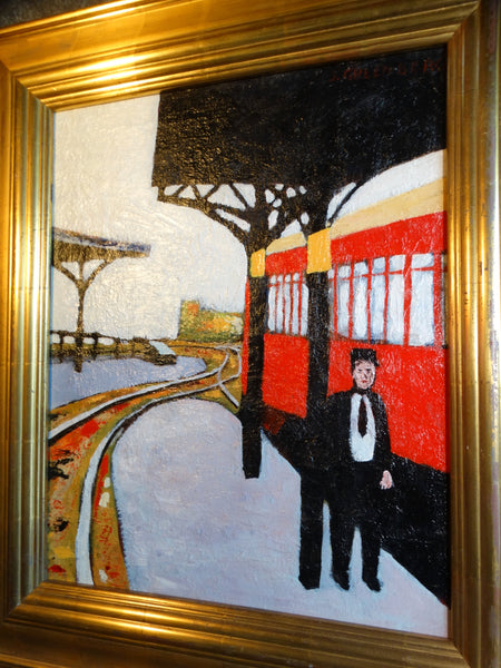 Meyer Greenberg - Stationmaster on Platform - Oil on Canvas c 1930 P2518