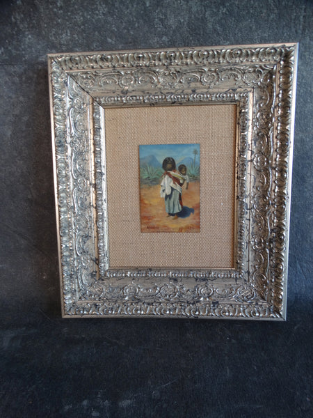 Tiny Oil Painting on Tin - Mexican Child Carrying a Baby 1914 P2525