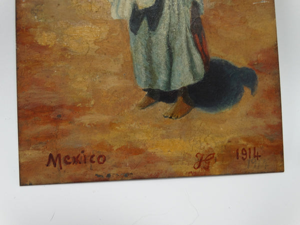 Tiny Oil Painting on Tin - Mexican Child Carrying a Baby 1914 P2525