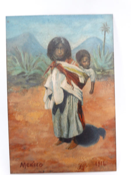 Tiny Oil Painting on Tin - Mexican Child Carrying a Baby 1914 P2525