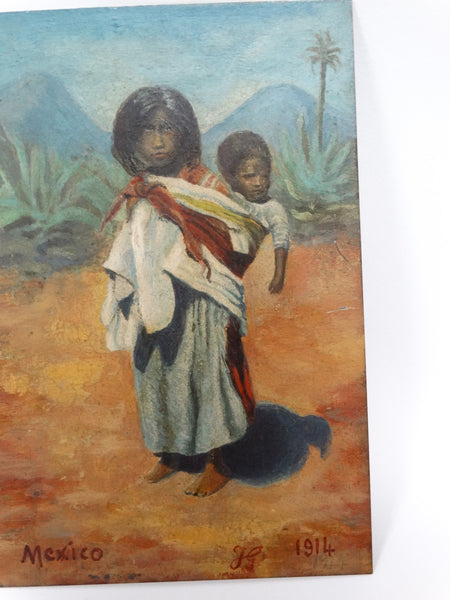Tiny Oil Painting on Tin - Mexican Child Carrying a Baby 1914 P2525