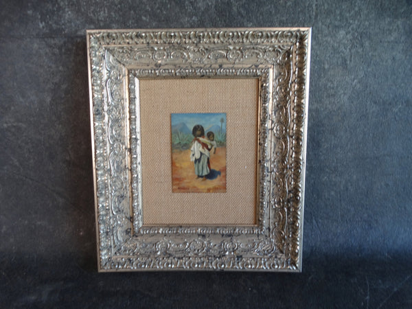 Tiny Oil Painting on Tin - Mexican Child Carrying a Baby 1914 P2525
