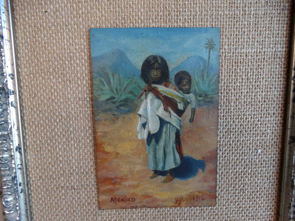 Tiny Oil Painting on Tin - Mexican Child Carrying a Baby 1914 P2525
